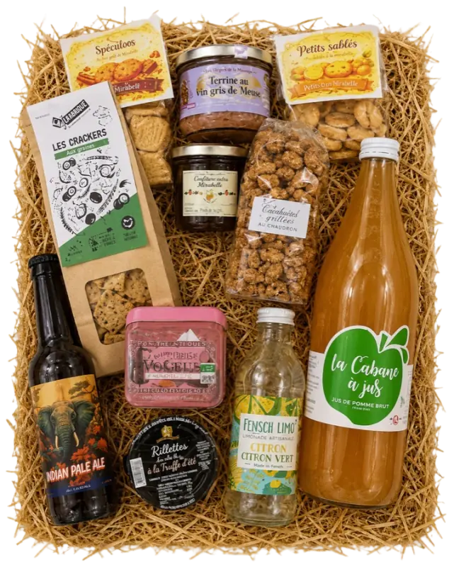 Coffret L'Apéro lorrain · terrine, biscuits salés, cacahuète grillée, bière et jus pomme