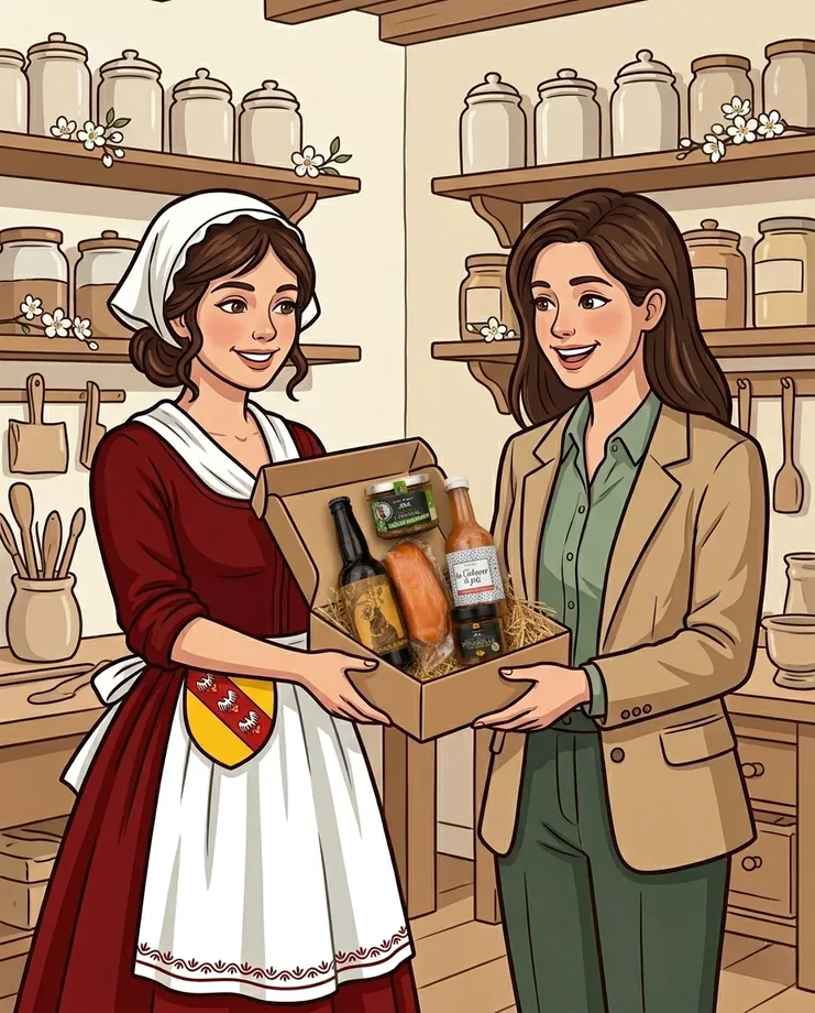 Personnage remettant un coffret cadeau d'entreprise garni de spécialités lorraines à une cliente, dans un atelier