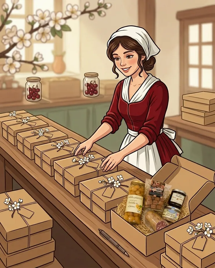 Personnage préparant des coffrets cadeaux gourmands lorrains pour remercier les collaborateurs d'une entreprise