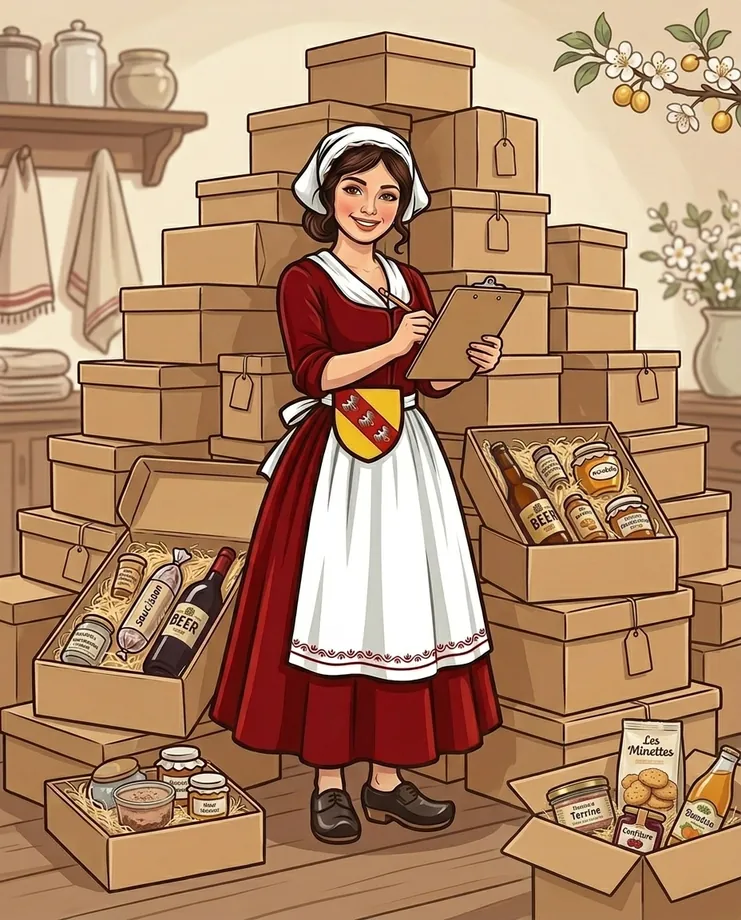 Personnage face à une pile de coffrets cadeaux lorrains prêts pour la distribution aux salariés via le CSE