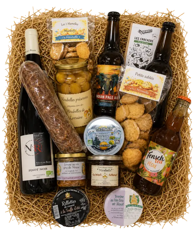 Coffret Le Convivial · Pinot noir vieille vigne, terrines, rillettes truffes, bières lorraines et gourmandises