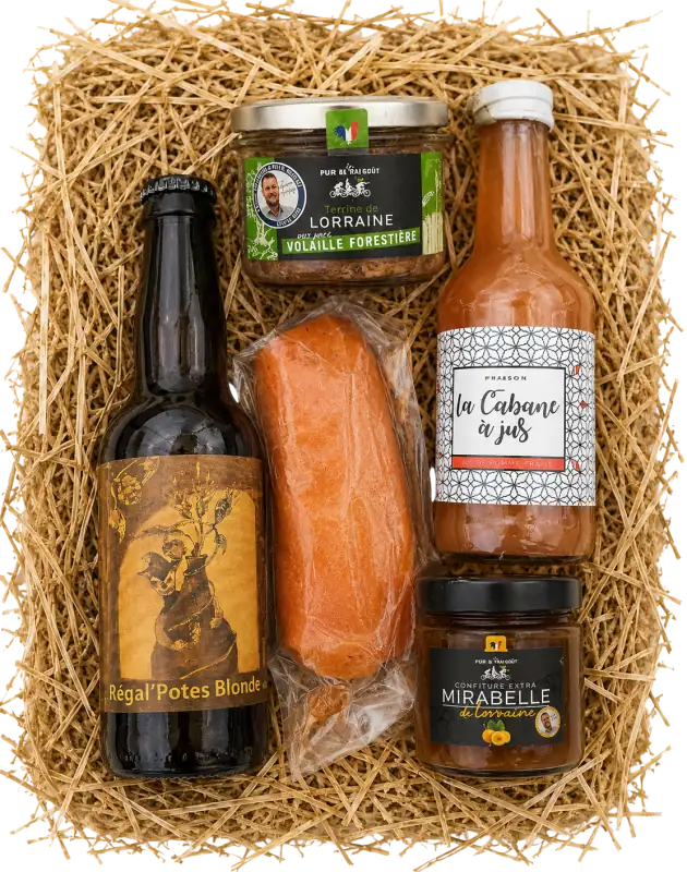 Coffret L'Efficace · confiture, jus pomme, terrine, demi-fuseau et bière lorrains
