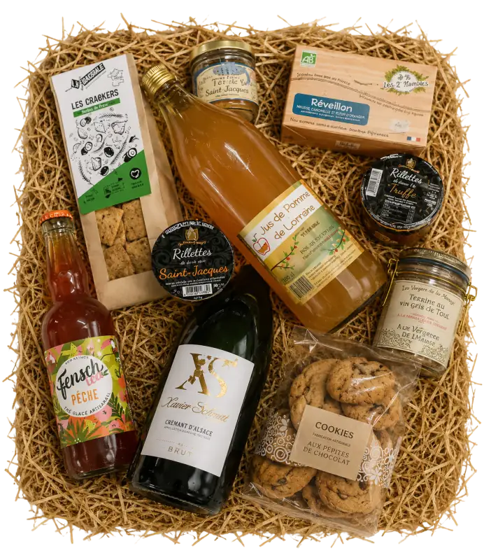 Coffret Le Festif · crémant Xavier Schoepfer, terrines truffes et saint-jacques, biscuits Rolesi