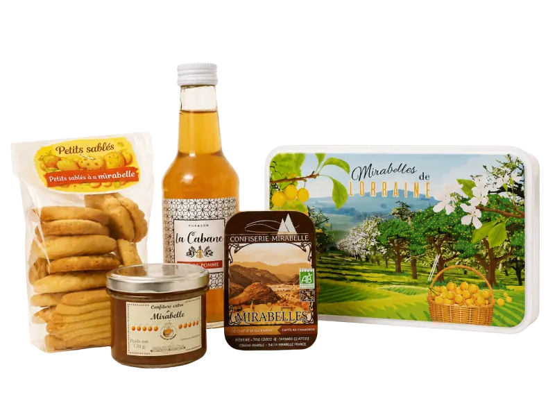 Coffret Ma petite Lorraine · boîte métallique mirabelle, sablés, confiture, jus pomme-mirabelle