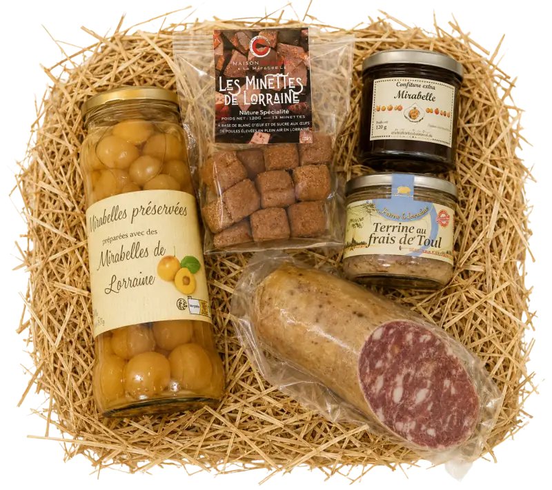 Coffret Le Voyageur · confiture, mirabelle au sirop, saucisson, terrine et demi-fuseau lorrains