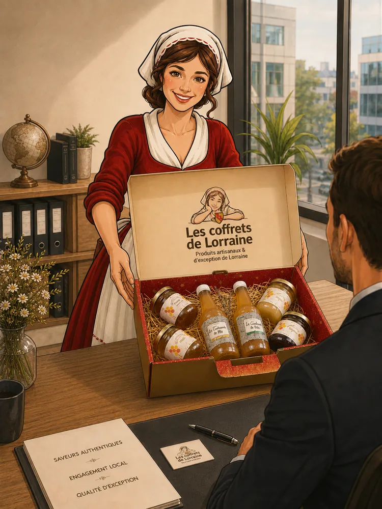 Personnage en tenue traditionnelle lorraine présentant un coffret cadeau d'entreprise garni de spécialités lorraines à un client dans un bureau