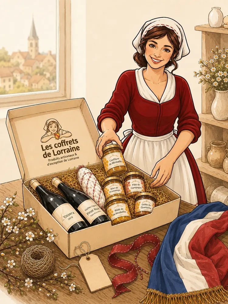 Personnage en costume traditionnel lorrain composant un coffret cadeau pour mairie, drapeau tricolore et clocher du village en arrière-plan